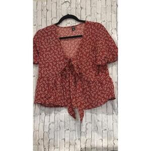 SHEIN Red Floral Tie-Front Blouse
